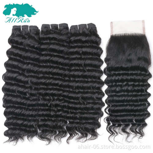 Factory selling 100% brazilian virgin hair deep wave human hair bundles with lace frontal closure